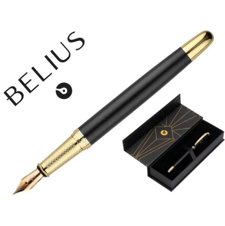 PLUMA BELIUS SOIREE ALUMINIO COLOR ART DECO NEGRO Y DORADO TINTA AZUL CAJA DE DISEÑO
