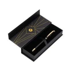 PLUMA BELIUS SOIREE ALUMINIO COLOR ART DECO NEGRO Y DORADO TINTA AZUL CAJA DE DISEÑO
