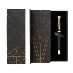 PLUMA BELIUS SOIREE ALUMINIO COLOR ART DECO NEGRO Y DORADO TINTA AZUL CAJA DE DISEÑO