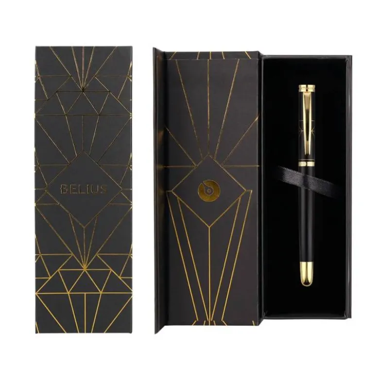 PLUMA BELIUS SOIREE ALUMINIO COLOR ART DECO NEGRO Y DORADO TINTA AZUL CAJA DE DISEÑO