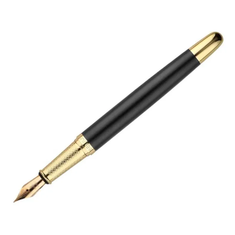 PLUMA BELIUS SOIREE ALUMINIO COLOR ART DECO NEGRO Y DORADO TINTA AZUL CAJA DE DISEÑO