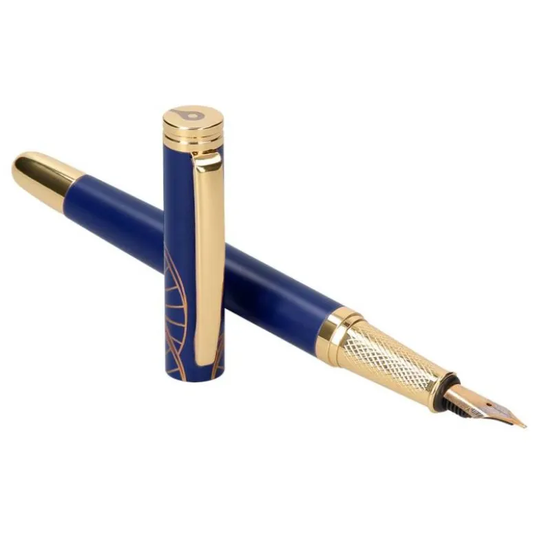 PLUMA BELIUS SOIREE ALUMINIO COLOR ART DECO AZUL MARINO Y DORADO TINTA AZUL CAJA DE DISEÑO