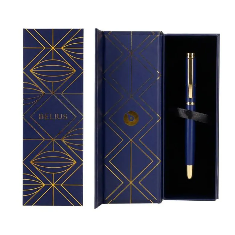 PLUMA BELIUS SOIREE ALUMINIO COLOR ART DECO AZUL MARINO Y DORADO TINTA AZUL CAJA DE DISEÑO
