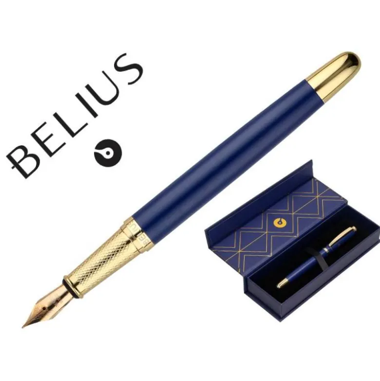 PLUMA BELIUS SOIREE ALUMINIO COLOR ART DECO AZUL MARINO Y DORADO TINTA AZUL CAJA DE DISEÑO