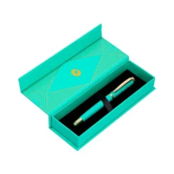 PLUMA BELIUS SOIREE ALUMINIO COLOR ART DECO TURQUESA Y DORADO TINTA AZUL CAJA DE DISEÑO