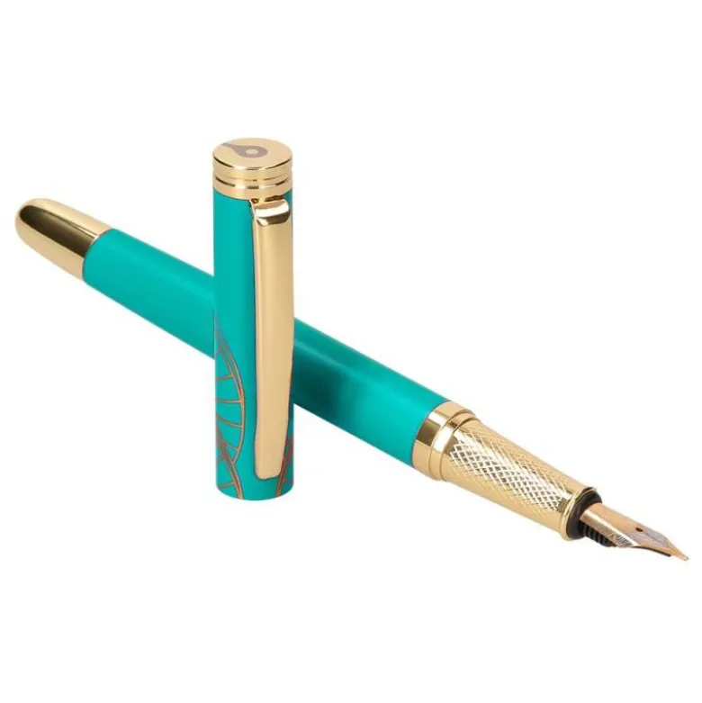 PLUMA BELIUS SOIREE ALUMINIO COLOR ART DECO TURQUESA Y DORADO TINTA AZUL CAJA DE DISEÑO