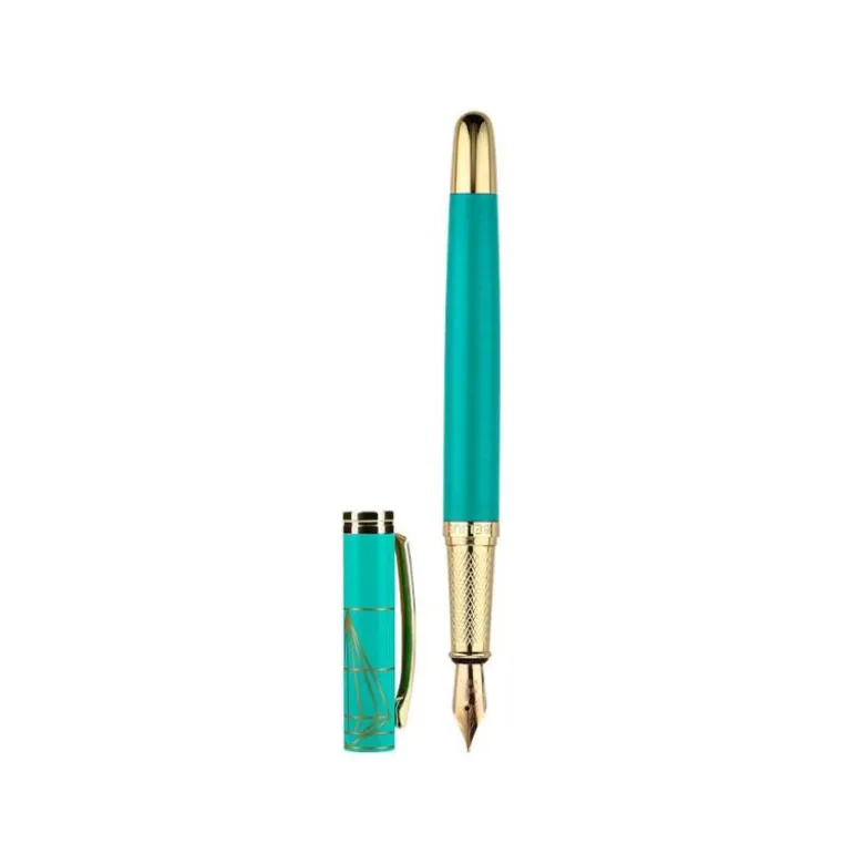 PLUMA BELIUS SOIREE ALUMINIO COLOR ART DECO TURQUESA Y DORADO TINTA AZUL CAJA DE DISEÑO