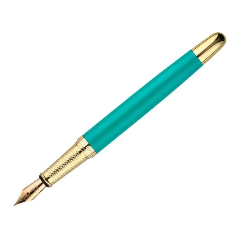 PLUMA BELIUS SOIREE ALUMINIO COLOR ART DECO TURQUESA Y DORADO TINTA AZUL CAJA DE DISEÑO