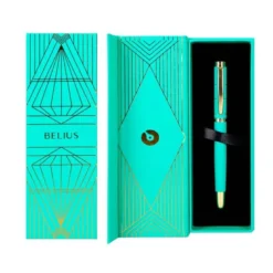 PLUMA BELIUS SOIREE ALUMINIO COLOR ART DECO TURQUESA Y DORADO TINTA AZUL CAJA DE DISEÑO