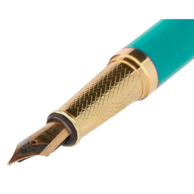 PLUMA BELIUS SOIREE ALUMINIO COLOR ART DECO TURQUESA Y DORADO TINTA AZUL CAJA DE DISEÑO