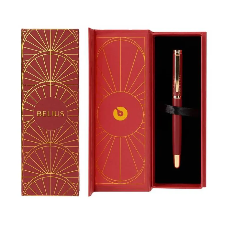 PLUMA BELIUS SOIREE ALUMINIO COLOR ART DECO GRANATE Y DORADO TINTA AZUL CAJA DE DISEÑO