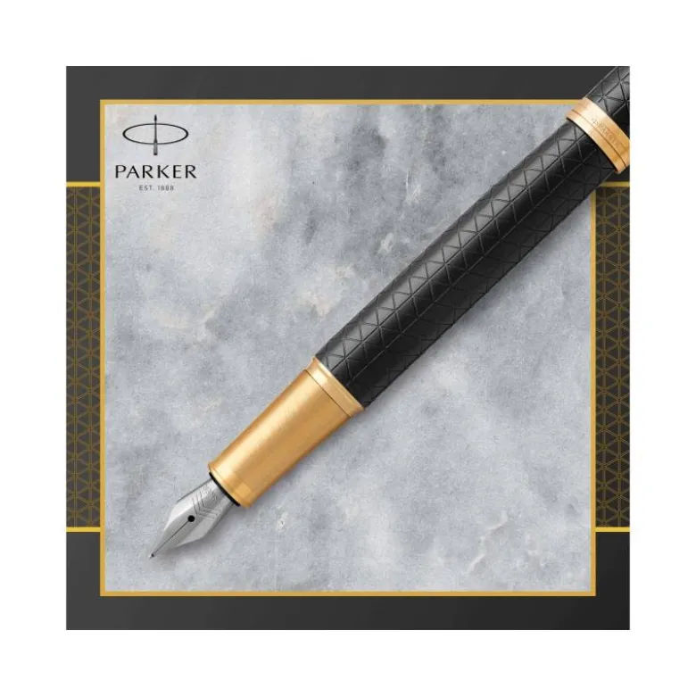 Pluma Parker PK IM GT Premium Plumin Fino Lacado Color Negro Adornos Dorados