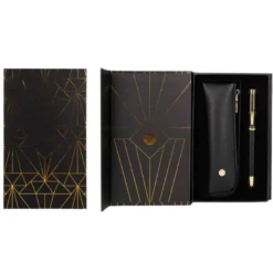 PLUMA Y ESTUCHE BELIUS SOIREE COLOR ART DECO NEGRO Y DORADO TINTA AZUL CAJA DE DISEÑO