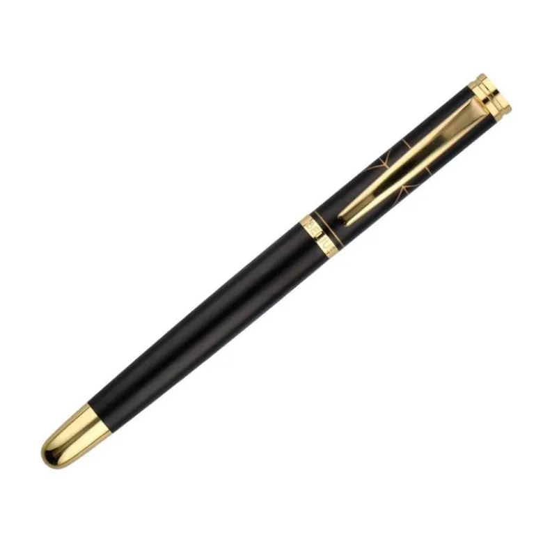 PLUMA Y ESTUCHE BELIUS SOIREE COLOR ART DECO NEGRO Y DORADO TINTA AZUL CAJA DE DISEÑO