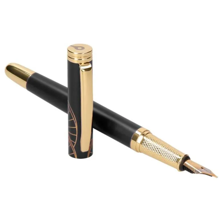 PLUMA Y ESTUCHE BELIUS SOIREE COLOR ART DECO NEGRO Y DORADO TINTA AZUL CAJA DE DISEÑO