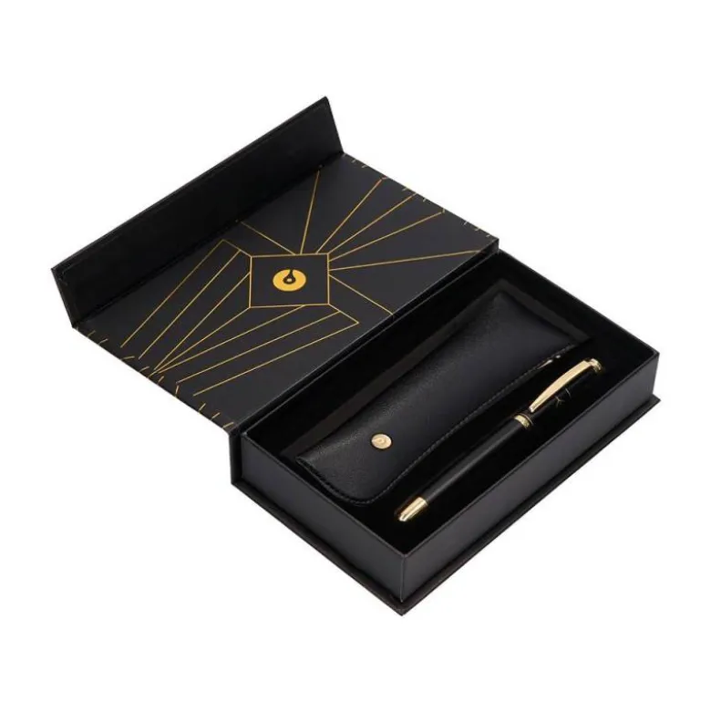 PLUMA Y ESTUCHE BELIUS SOIREE COLOR ART DECO NEGRO Y DORADO TINTA AZUL CAJA DE DISEÑO