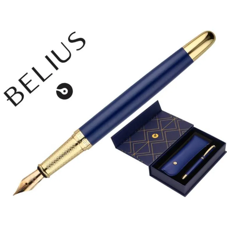 PLUMA Y ESTUCHE BELIUS SOIREE COLOR ART DECO AZUL MARINO Y DORADO TINTA AZUL CAJA DE DISEÑO