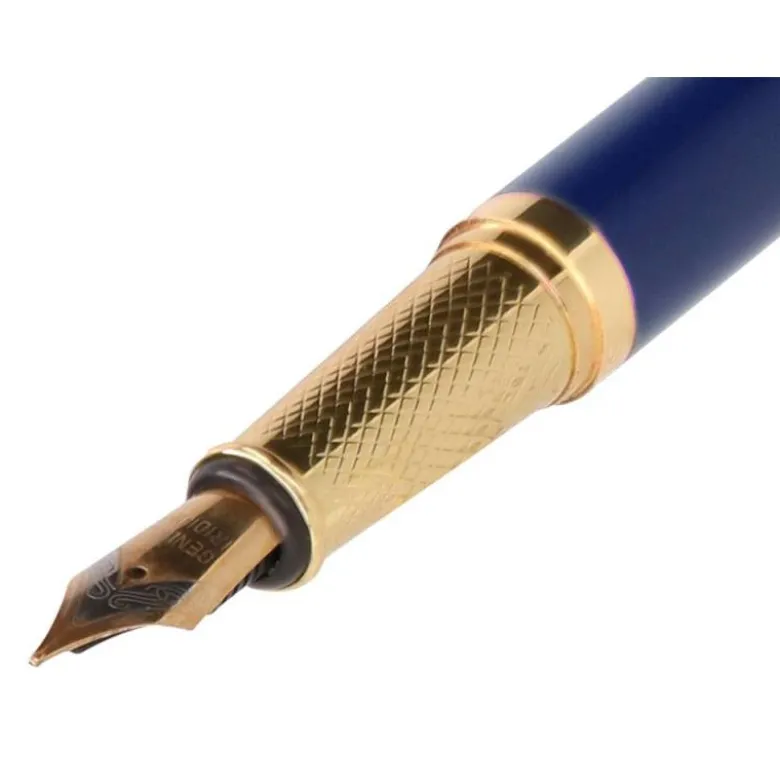 PLUMA Y ESTUCHE BELIUS SOIREE COLOR ART DECO AZUL MARINO Y DORADO TINTA AZUL CAJA DE DISEÑO