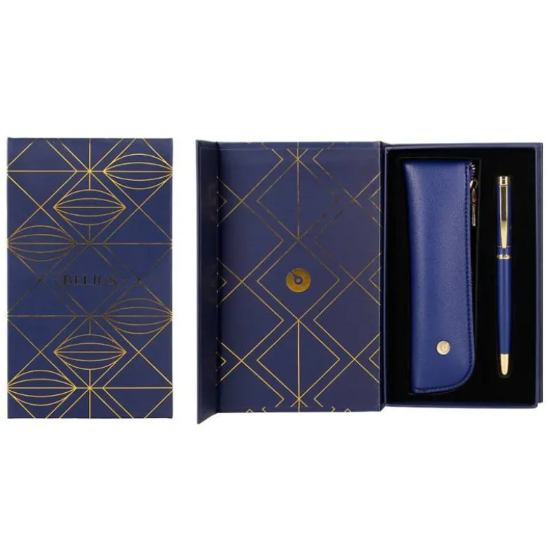 PLUMA Y ESTUCHE BELIUS SOIREE COLOR ART DECO AZUL MARINO Y DORADO TINTA AZUL CAJA DE DISEÑO