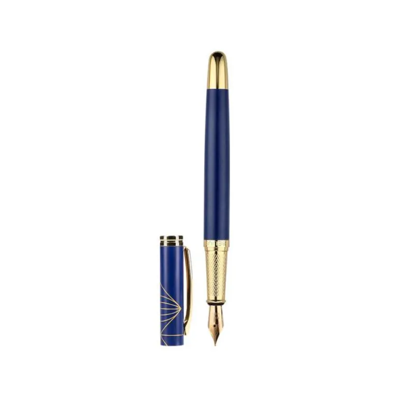 PLUMA Y ESTUCHE BELIUS SOIREE COLOR ART DECO AZUL MARINO Y DORADO TINTA AZUL CAJA DE DISEÑO