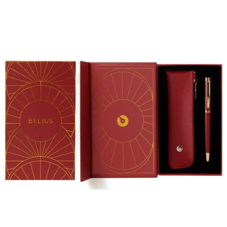 PLUMA Y ESTUCHE BELIUS SOIREE COLOR ART DECO GRANATE Y DORADO TINTA AZUL CAJA DE DISEÑO