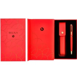 PLUMA Y ESTUCHE CUERO BELIUS PASSION DOR ALUMINIO TEXTURA CEPILLADA COLOR ROJO Y DORADO TINTA AZUL CAJA DE DISEÑO