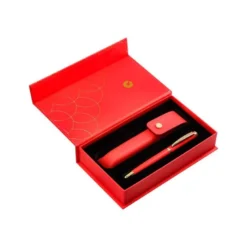 PLUMA Y ESTUCHE CUERO BELIUS PASSION DOR ALUMINIO TEXTURA CEPILLADA COLOR ROJO Y DORADO TINTA AZUL CAJA DE DISEÑO