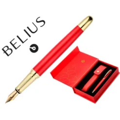 PLUMA Y ESTUCHE CUERO BELIUS PASSION DOR ALUMINIO TEXTURA CEPILLADA COLOR ROJO Y DORADO TINTA AZUL CAJA DE DISEÑO