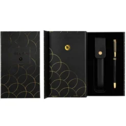 PLUMA Y ESTUCHE CUERO BELIUS PASSION DOR ALUMINIO TEXTURA CEPILLADA COLOR NEGRO Y DORADO TINTA AZUL CAJA DISEÑO