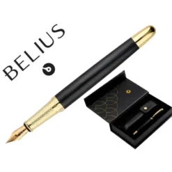PLUMA Y ESTUCHE CUERO BELIUS PASSION DOR ALUMINIO TEXTURA CEPILLADA COLOR NEGRO Y DORADO TINTA AZUL CAJA DISEÑO