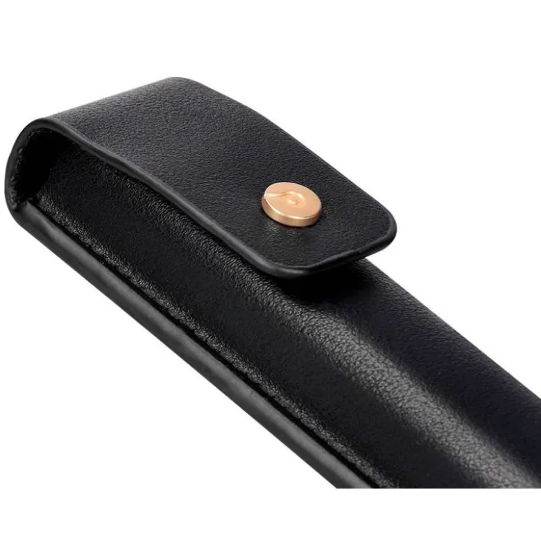 PLUMA Y ESTUCHE CUERO BELIUS PASSION DOR ALUMINIO TEXTURA CEPILLADA COLOR NEGRO Y DORADO TINTA AZUL CAJA DISEÑO