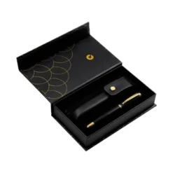 PLUMA Y ESTUCHE CUERO BELIUS PASSION DOR ALUMINIO TEXTURA CEPILLADA COLOR NEGRO Y DORADO TINTA AZUL CAJA DISEÑO