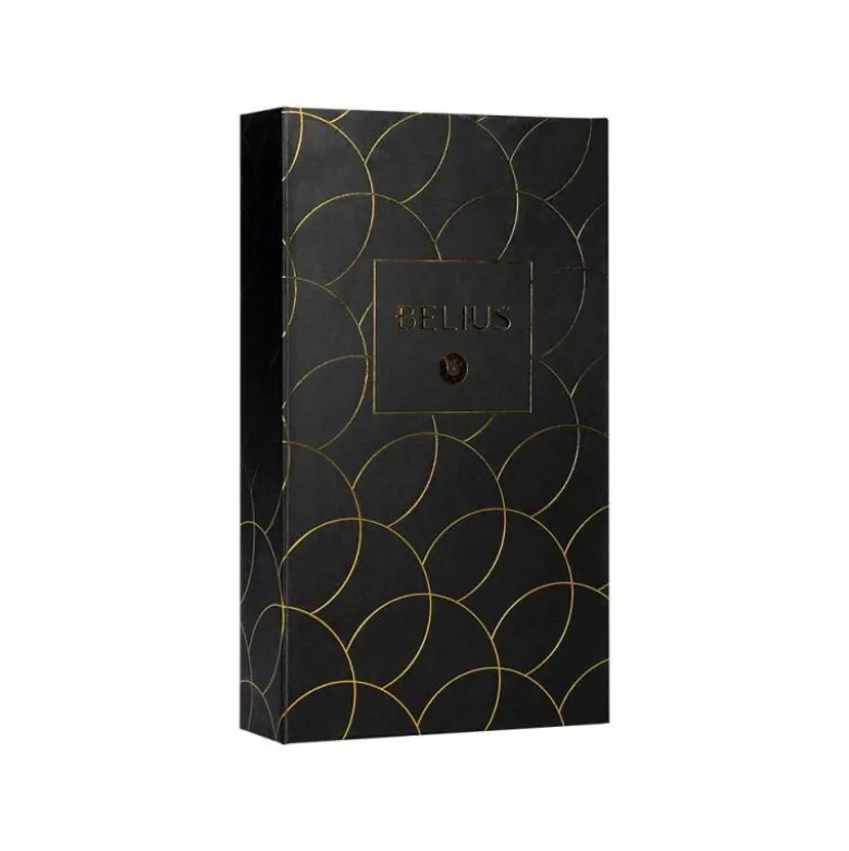 PLUMA Y ESTUCHE CUERO BELIUS PASSION DOR ALUMINIO TEXTURA CEPILLADA COLOR NEGRO Y DORADO TINTA AZUL CAJA DISEÑO