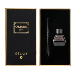PLUMA Y FRASCO DE TINTA BELIUS ORIGEN 1995 ALUMINIO TEXTURA CEPILLADA COLOR NEGRO TINTA NEGRA CAJA DISEÑO