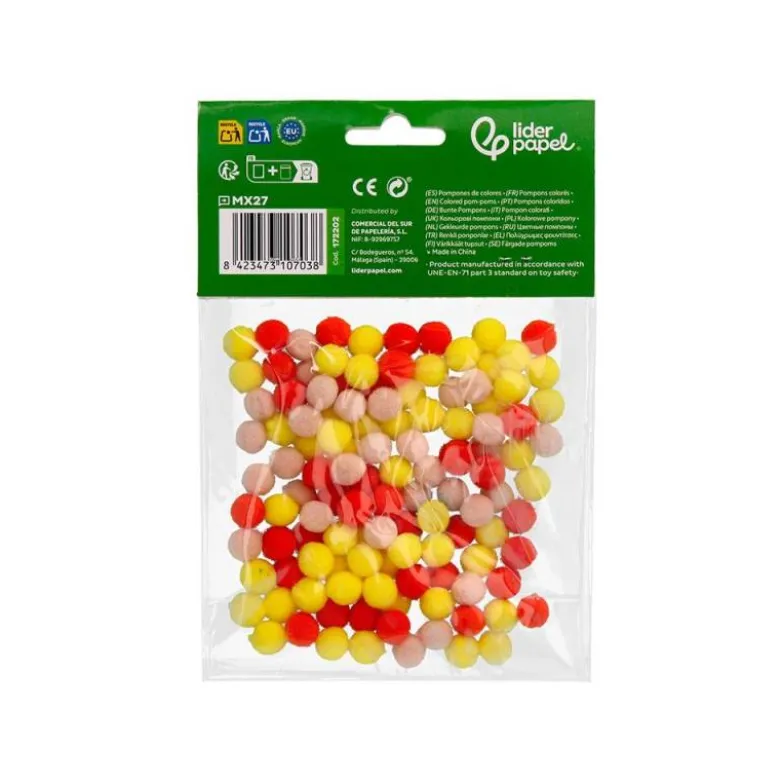 POMPONES DE COLORES LIDERPAPEL 1 CM TONALIDADES CALIDAS BOLSA CON 120 UNIDADES
