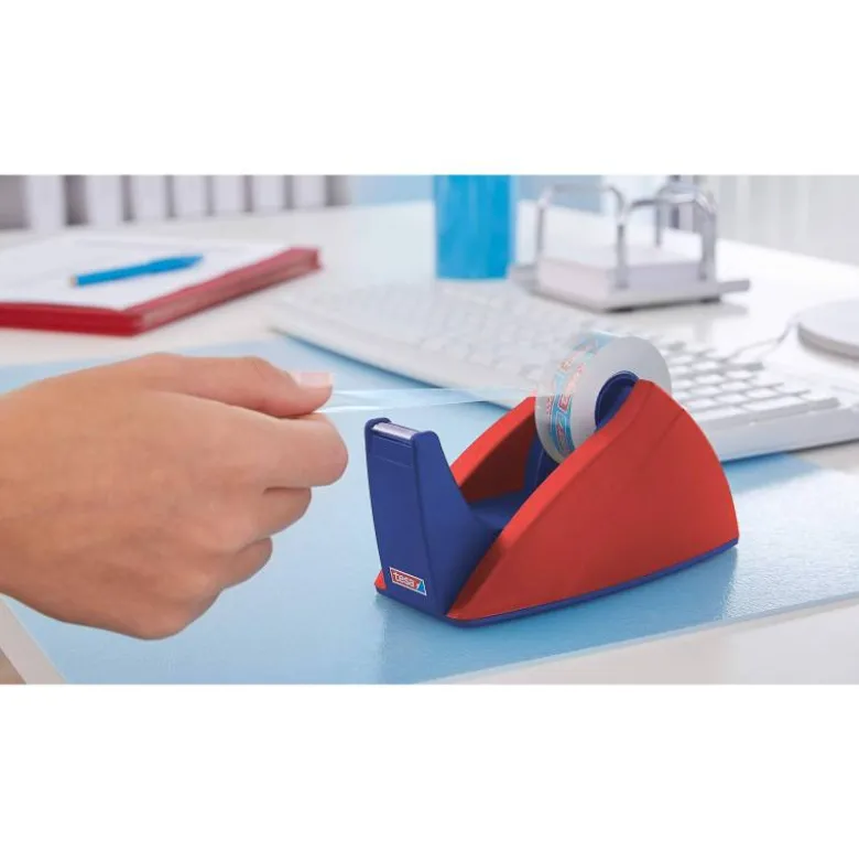 Portarrollo sobremesa tesa con cuchilla de corte recto para cintas de 33 m color azul/rojo