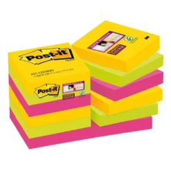 Post-it ® Bloc de notas adhesivas super sticky varios colores 47,6 x 47,6 mm 90 hojas pack 12 blocs