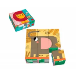 PUZLE GOULA CUBOS DE CARTON ANIMALES SELVA 6 ESCENAS DIFERENTES 9 PIEZAS +2 AÑOS