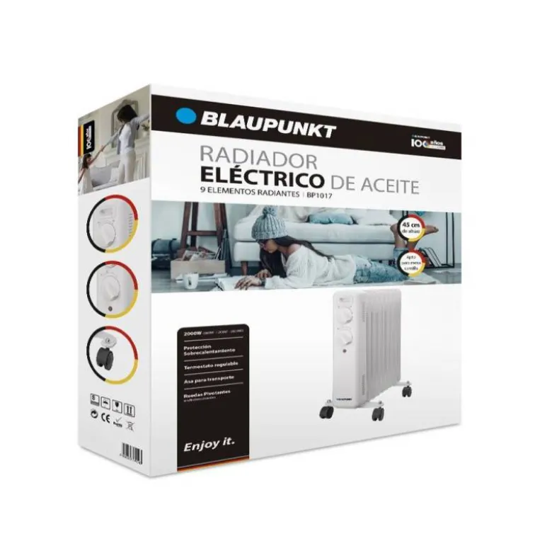 RADIADOR DE ACEITE BLAUPUNKT 2000W 9 ELEMENTOS CALORIFICOS PROTECCION SOBRECALENTAMIENTO CON RUEDAS COLOR BLANCO