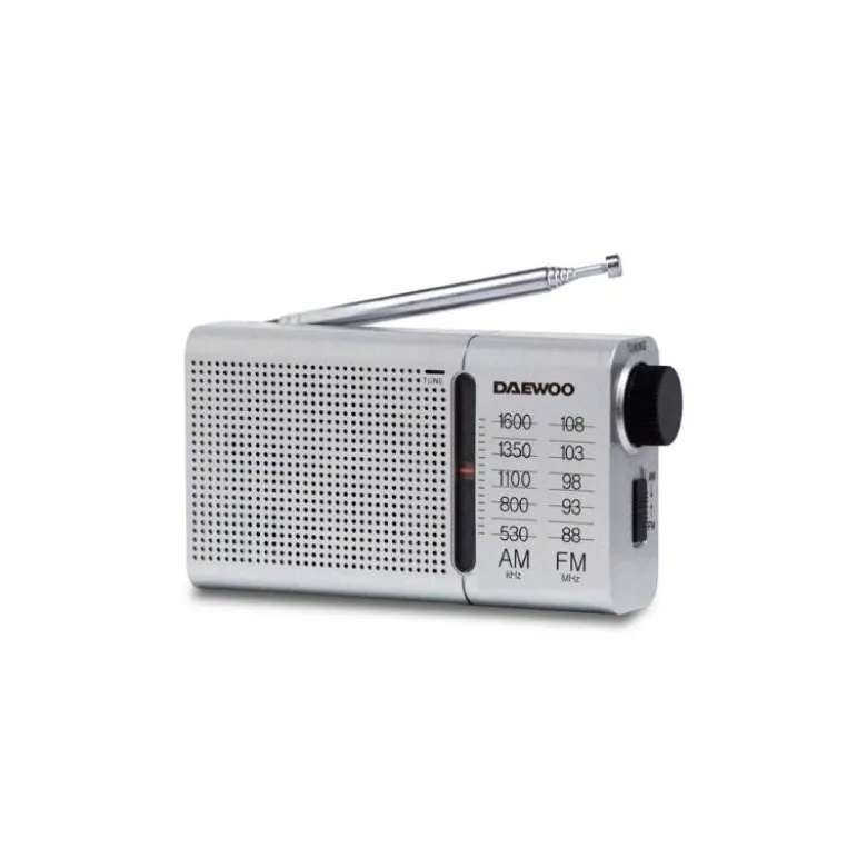RADIO PORTATIL DAEWOO AM/FM ANTENA TELESCOPICA AURICULARES INCLUIDOS JACK 3.5 MM COLOR PLATA