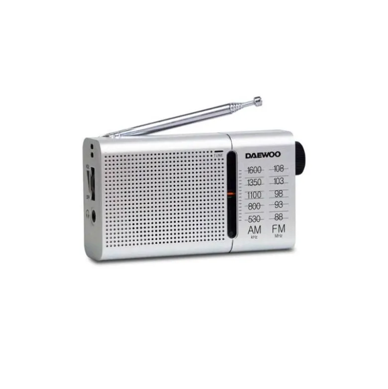 RADIO PORTATIL DAEWOO AM/FM ANTENA TELESCOPICA AURICULARES INCLUIDOS JACK 3.5 MM COLOR PLATA