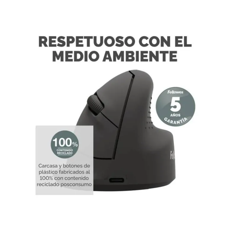 RATON FELLOWES ERGONOMICO VERTICAL BREYTA MEDIANO DIESTROS OPTICO 1600 DPI COLOR NEGRO