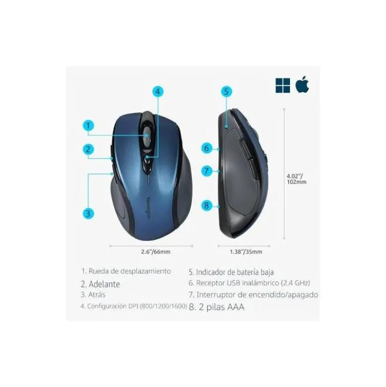 RATON OPTICO KENSINGTON PRO FIT INALAMBRICO MEDIANO COLOR AZUL