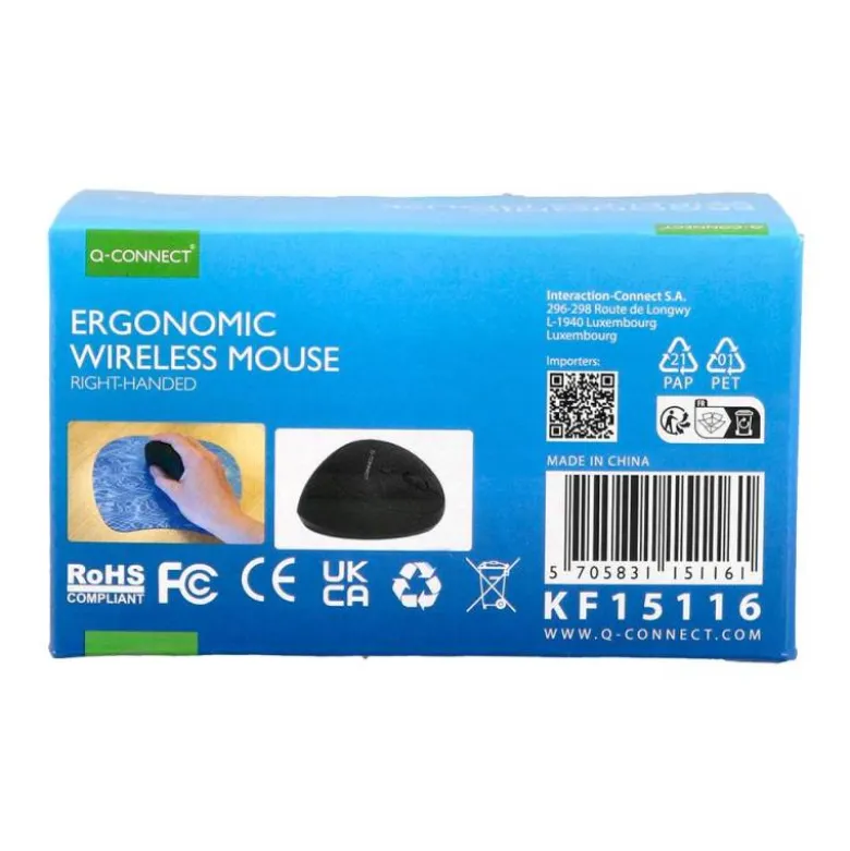 RATON Q-CONNECT OPTICO INALAMBRICO ERGONOMICO VERTICAL DPI 800/1200/1600 PILA AA NEGRO