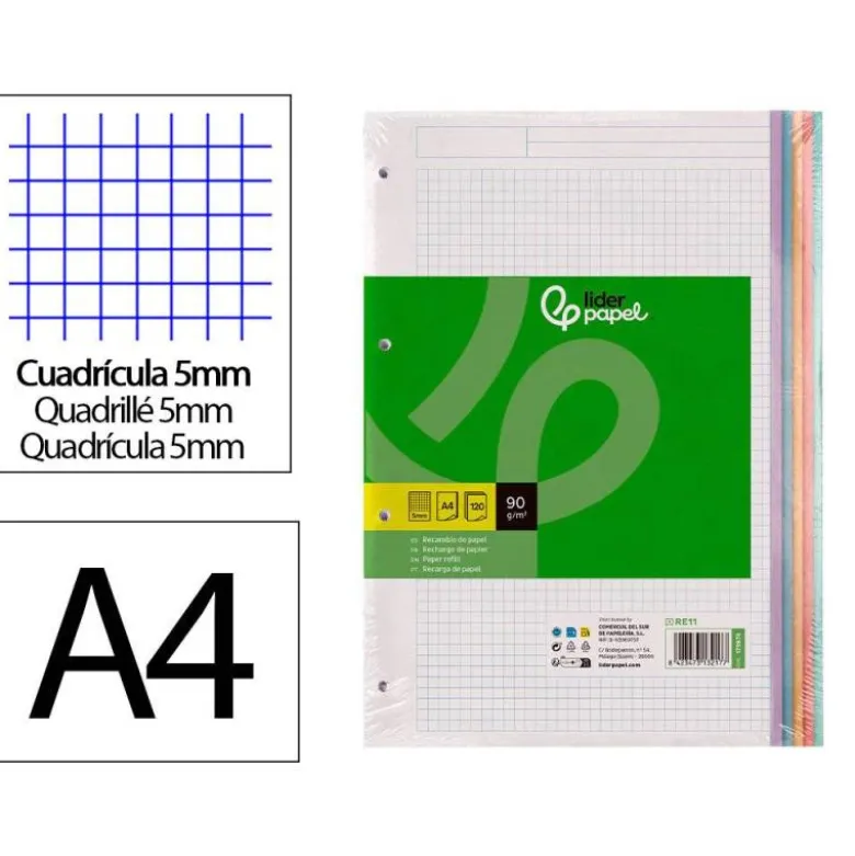RECAMBIO A4 LIDERPAPEL 120 HOJAS 90G/M2 CUADRO 5 MM 4 TALADROS BANDAS DE 5 COLORES PASTELES