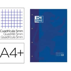 Recambio color 1 oxford din a4+ 80 hojas 90 gr cuadro 5 mm 4 taladros azul oscuro.