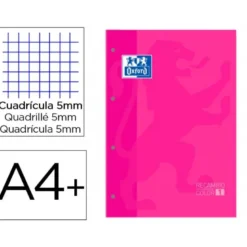 Recambio color 1 oxford din a4+ 80 hojas 90 gr cuadro 5 mm 4 taladros fucsia.