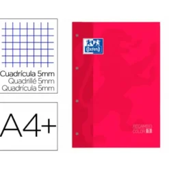 Recambio color 1 oxford din a4+ 80 hojas 90 gr cuadro 5 mm 4 taladros rojo.