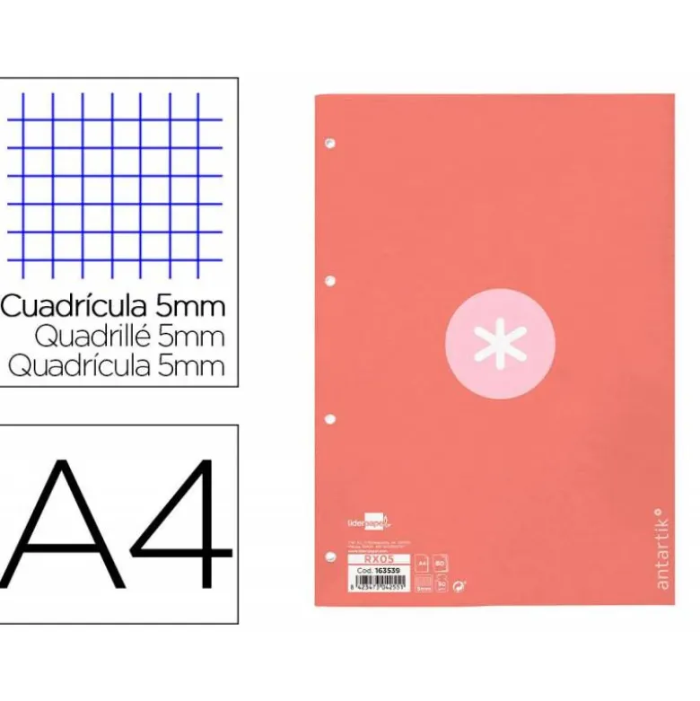 RECAMBIO LIDERPAPEL A4 ANTARTIK 80 HOJAS 90G/M2 CUADRO 5 MM 4 TALADROS 1 BANDA MARCO COLOR ROSA