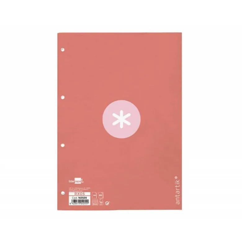 RECAMBIO LIDERPAPEL A4 ANTARTIK 80 HOJAS 90G/M2 CUADRO 5 MM 4 TALADROS 1 BANDA MARCO COLOR ROSA